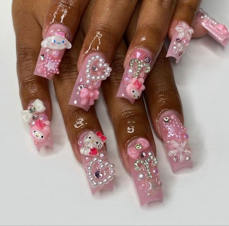 Short Kawaii Nails, Birthday Cake Nails, Aries Nails, Sweetheart Nails, Hello Kitty Nails Art, Nail Piercing, Junk Nails, Kitty Nails, Hot Pink Nails