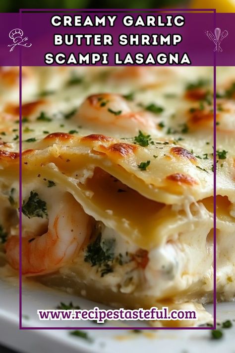 Indulge in this decadent Creamy Garlic Butter Shrimp Scampi Lasagna, where succulent shrimp are layered with creamy ricotta and mozzarella, all enveloped in a rich garlic butter sauce. Finished with a hint of lemon and Parmesan, this dish is perfect for a special occasion or a comforting family dinner. Shrimp Lasagna Recipe, Creamy Garlic Butter Shrimp, Shrimp Lasagna, Garlic Butter Shrimp Scampi, Creamy Shrimp Scampi, Food With A Twist, Seafood Lasagna Recipes, Seafood Lasagna, Garlic Butter Shrimp