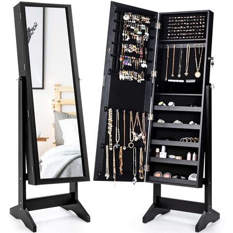 Costway Jewelry Cabinet Stand Mirror Armoire Lockable Organizer Large Storage Box Black - Walmart.com Blue Room Themes, Wood Crafting Ideas, Mirror Armoire, Cute Mirrors, Stand Mirror, Mirrored Armoire, Mirror Jewelry Storage, Standing Jewelry Armoire, Mirror Jewelry Armoire