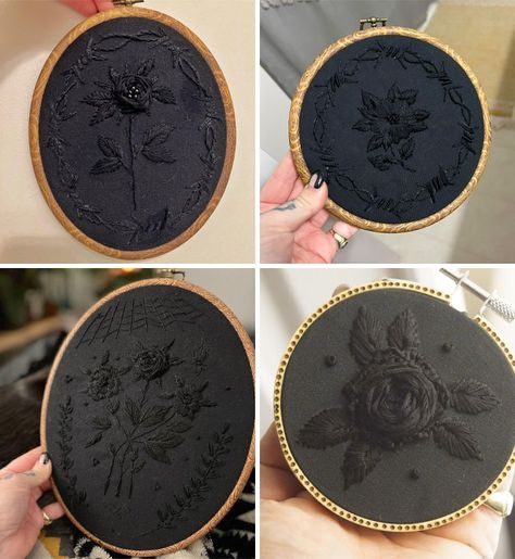 Black On Black Embroidery Ideas, Black Embroidery On Black Fabric, Black Fabric Embroidery, Witchy Embroidery Ideas, Gothic Embroidery Patterns, Embroidery Witchy, Black Embroidery Designs, Gothic Cross Stitch Patterns, Embroidery Black Fabric