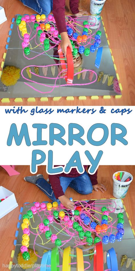 Mirror Play activity for toddlers and preschoolers with washable colourful glass markers, caps and rainbow blocks. Twaddler Classroom, Playgroup Ideas, Glass Markers, Teaching Themes, Rainbow Blocks, Activity For Toddlers, Busy Boards, Play Activity, Group 3