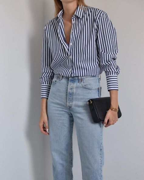 Woman navy striped long sleeve shirt   #springoutfit #outfitidea #fashion #outfit #womanstyle Dapper Style, Satin Long Sleeve, Summer Outfit Inspiration, Blouse Tops, Striped Long Sleeve Shirt, Work Blouse, Fashion Outfit, Summer Looks, Spring Outfit