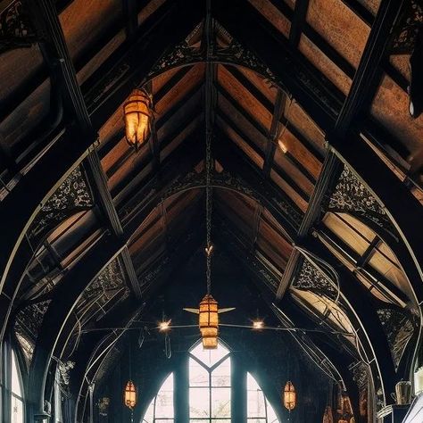 Gothic Vaulted Ceiling, Goth Home Design, Gothic Barndominium, Goth House Exterior, Gothic Cabin, Goth Farmhouse, Gothic Tiny House, Gothic Modern House, Moody Walls