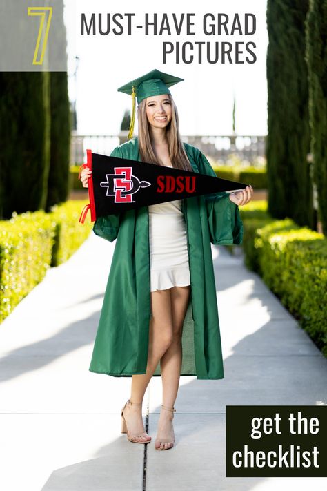 A high school senior girl wearing a green graduation cap and gown is standing holding a college pendant for San Diego State University Cap And Gown College Picture Ideas, Cap N Gown Pictures, Senior Picture Ideas Cap And Gown, Cap Gown Photos, Cap And Gown Picture Ideas, Cap And Gown Senior Pictures, Gown Photoshoot, College Pennants, High School Graduation Pictures