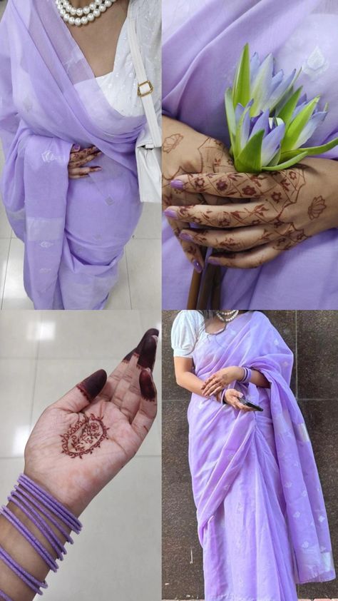 Lavender saree (from myntra) Pearls necklace (a gift from someone 🥰) Lavender Saree Aesthetic, Accessories On Saree, Lavender Saree For Farewell, Saree Accessories Ideas, Pearl Necklace With Saree, Lavender Saree Look, Saree Asethic Pic, Myntra Dress For Women, Photoshoot Ideas In Saree