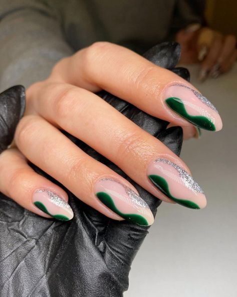 Green White Silver Nails, Small Green Nails, Green And Silver Almond Nails, Black Green And Silver Nails, Green And Silver Nails Short, Green And Silver French Tip Nails, Green With Silver Nails, Nails To Match Green Dress Prom, Eagles Green Nails