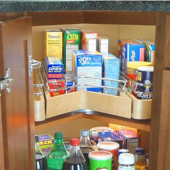 Easy Access Corner Pantry Featuring 360 Degree Single Shelf Unit by Omega National with Full Extension Drawer | KitchenSource.com Pantry Lazy Susan, Corner Cabinet Solutions, Corner Cabinet Organization, Pantry Layout, Architecture Renovation, Corner Kitchen Cabinet, Corner Pantry, Kitchen Cupboard Designs, Lee Valley Tools