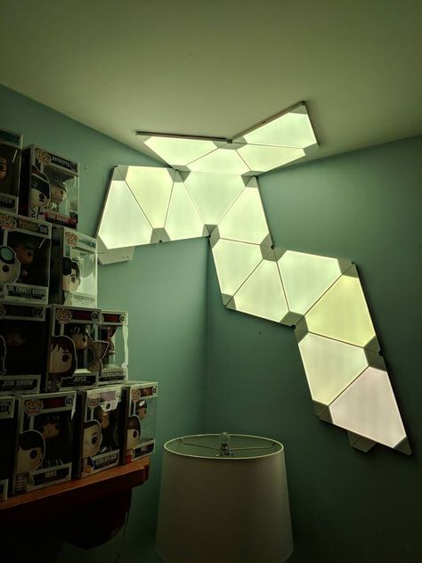 Nanoleaf Corner - Imgur Nanoleaf Design Ideas, Nanoleaf Designs, Nanoleaf Lights, Game Room Basement, Light Panels, Video Game Rooms, Leaf Designs, Bedroom Setup, Gaming Room Setup