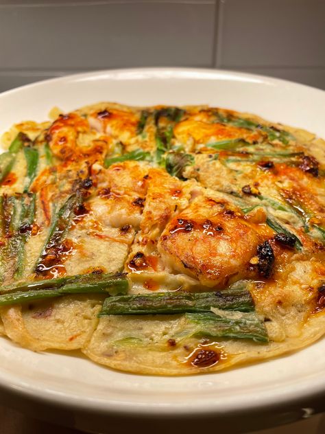 Korean Seafood Pancake (Haemul Pajeon) Haemul Pajeon, Korean Seafood Pancake, Korean Seafood, Korean Breakfast, Seafood Pancake, Onion Pancake, Shrimp Marinade, Toasted Sesame Seeds, Sesame Oil