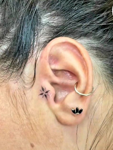 Tiny Ear Tattoo Tragus, Decorative Ear Tattoo, Ear Tattoo Tragus, Tragus Tattoos For Women, Tragus Ear Tattoo, In Front Of Ear Tattoos For Women, Fine Line Behind Ear Tattoo, Next To Ear Tattoo, Front Of Ear Tattoos For Women