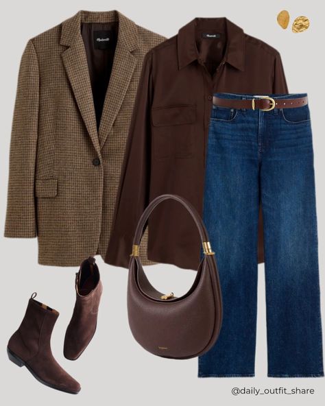 Rich espresso brown is always a good idea! ☕️  *Affiliate | This post contains affiliate links, meaning I earn a commission at no extra cost to you.  casual outfit, autumn outfit, wool blazer, silk shirt, wide jeans, ankle boots, suede boots, timeless outfit, classic outfit, outfit idea, outfit inspiration, women’s casual outfit, neutrals, virtual styling Brown Shirt Winter Outfit, How To Wear Brown Boots, Suede Brown Jacket Outfit, Rich Business Woman Outfits, Brown Silk Shirt Outfit, Brown Ankle Boots Outfit Winter, Woman Blazer Outfit, How To Style Brown Boots, Tweet Jacket Outfit