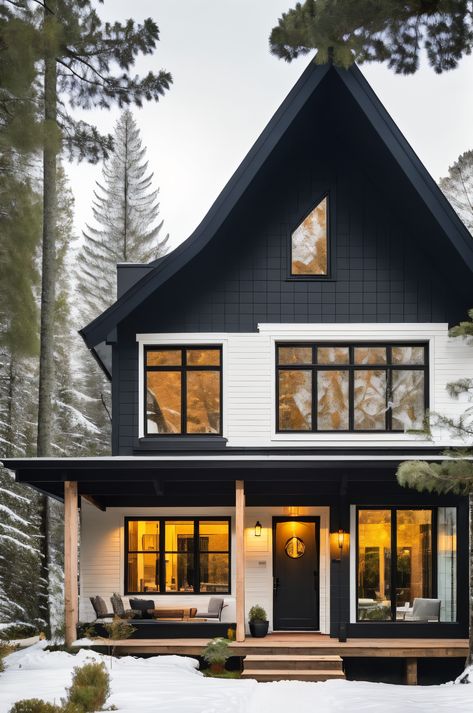 Discover the allure of minimalist Nordic living in this charming one-story cottage. Enjoy snowy landscapes through expansive windows and embrace the cozy Scandinavian style. #HyggeHome #ScandinavianDesign #WinterWonderland Small Pine Trees Landscaping, Scandinavian Home Exterior, Functional Architecture, Scandinavian Exterior, Scandi Cottage, Nordic Cabin, Black Metal Roof, Norwegian House, Small Pine Trees