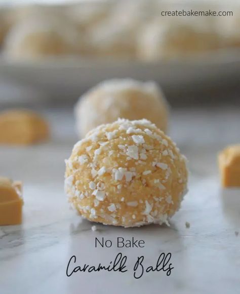 Caramilk Balls | An Easy No Bake Recipe - Create Bake Make Biscuit Balls Recipe, Caramilk Recipes, Caramello Slice, Caramel Balls, Tm6 Recipes, Pineapple Lumps, Dessert Balls, Thermomix Baking, No Bake Recipe