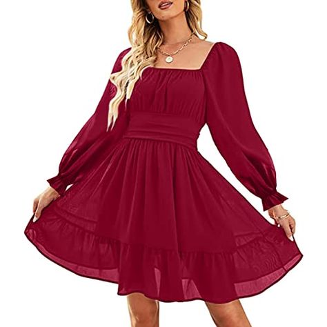 ZAFUL Women's Square Neck Off Shoulder Tie Back Long Lantern Sleeve Ruffle Short Dress A-Line Mini Dress Wine Red Valentine’s Day Dresses For Teens, Christmad Dresses, Semi Formal Dresses With Sleeves, Valentines Dresses, Valentine Dance, Winter Dance Dresses, Ruffle Short Dress, Spring Dance Dresses, Valentines Dance