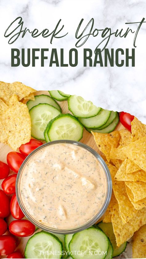 Spicy, tangy and creamy, this Buffalo ranch dip or dressing is perfect for drizzling on salads or using for dipping veggies, wings and more. Ready in minutes, it is made with a Greek yogurt base for a healthier twist. Buffalo Veggie Dip, Ranch Made With Greek Yogurt, Healthy Dips With Greek Yogurt, Chip Dip With Greek Yogurt, Homemade Veggie Dip Greek Yogurt, Ranch Dressing Uses, Healthy Salad Dips, Buffalo Salad Dressing, Greek Yogurt Dip For Chicken