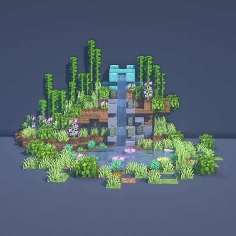 Frog Aquarium Minecraft, Minecraft Fairy Waterfall, Minecraft Water Feature Ideas, Frog Exhibit Minecraft, Minecraft Pond Fountain, Koi Fish Pond Minecraft, Waterfall Pond Minecraft, Cherry Blossom Fishing Dock Minecraft, Minecraft Cottagecore Pond