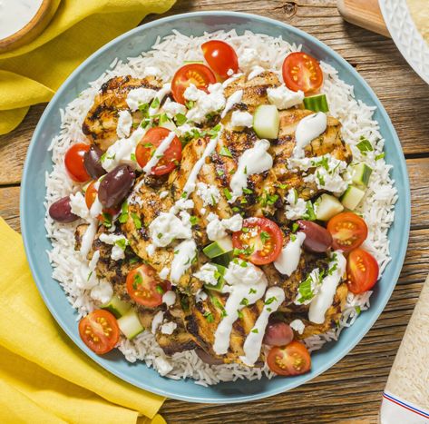 Grilled Chicken Souvlaki Rice Bowl Recipe | Mahatma® Rice Chicken Souvlaki Rice, Mahatma Rice, Rice Bowl Recipe, Chicken Souvlaki, Grilled Chicken Thighs, Rice Bowls Recipes, Tzatziki Sauce, Kalamata Olives, Bowl Recipe