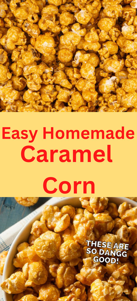 Easy Homemade Caramel Corn is a buttery, caramel-coated popcorn treat that tastes just right. And the best part? This caramel popcorn recipe doesn't require any corn syrup! Your family will keep asking for this delightful snack time and time again. Be sure to pin this deliciously easy dessert for later and follow us for more fantastic popcorn recipes! #Popcorn #CaramelCorn #CaramelPopcorn #SweetPopcorn #PopcornRecipes Crunch And Munch Popcorn, Diy Gourmet Popcorn, Carmel Popcorn Recipe Easy, Caramel Popcorn Recipe No Corn Syrup, Kettle Corn Popcorn Recipe, Maple Popcorn Recipe, Homemade Carmel Corn, Carmel Popcorn Recipe, Easy Caramel Corn Recipe