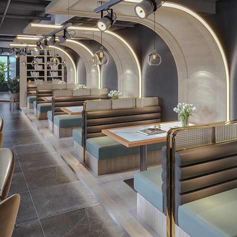 Restaurant Interior Design Modern, Restaurant Seating Design, Restaurant Booth Seating, Luxury Restaurant Interior, Modern Coffee Shop, Modern Restaurant Design, Café Design, Restaurant Booth, Outdoor Restaurant Design