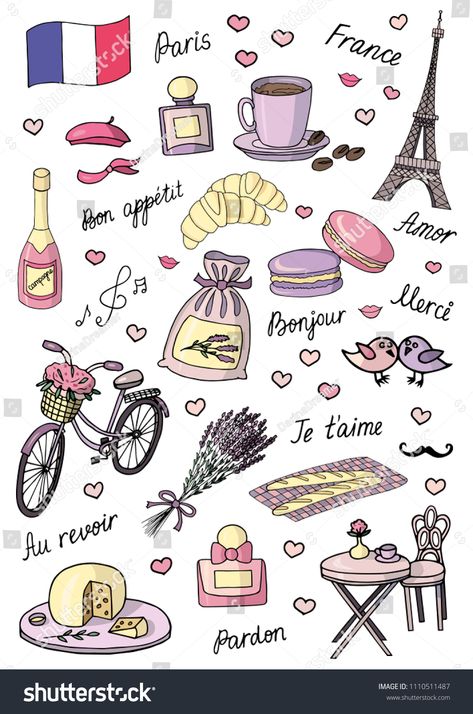 French Scrapbook Ideas, Paris Vector Illustration, French Food Drawing, French Character Design, French Doodle, France Tattoo, French Symbols, French Cartoons, French Pictures