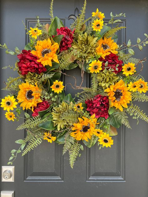 26" Harvest Sunrise Sunflower Wreaths | Yellow Black Eyed Susan Wreath - TwoInspireYou Disney Fall Wreaths, August Wreaths For Front Door, Fall Sunflower Wreath, Church Door Wreaths, Fall Wreaths For Front Door Diy Easy, Summer Wreaths For Front Door Diy, Sunflower Wreaths For Front Door, Diy Sunflower Wreath, Summer Wreath Ideas