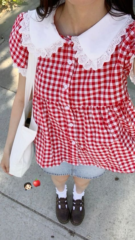 Outfits With Cute Socks, Puff Sleeve Outfit Ideas, Brown Jorts Outfit Women, Ruffled Socks Outfit, Gingham Skirt Outfit Summer, Brown Doc Marten Mary Janes Outfit, Peter Pan Collar Dress Outfit, Peter Pan Collar Blouse Outfit, Doc Mary Janes Outfit