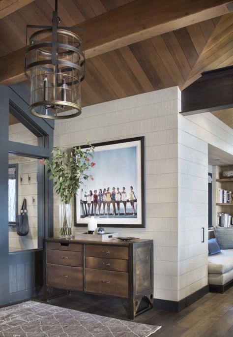 Rustic lake house retreat inspired by gorgeous Lake Tahoe surroundings Traditional Library, Ceiling Color, Architectural Detailing, Wood Plank Ceiling, Rustic Lake Houses, Lake House Interior, Plank Ceiling, Timeless Interiors, Wood Ceiling