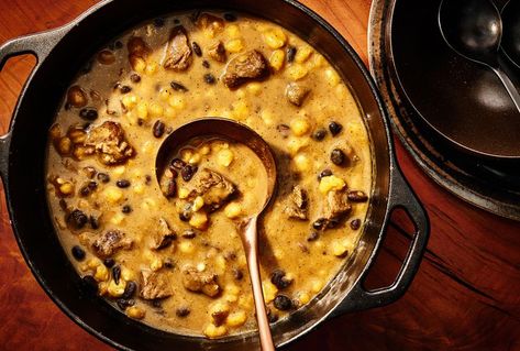 Three Sisters Bison Stew Three Sisters Stew, Three Sisters Soup, Bison Stew, Fall Stew, Butternut Squash Cooking, Vegetable Supports, Canned Hominy, Bison Meat, Rib Eye