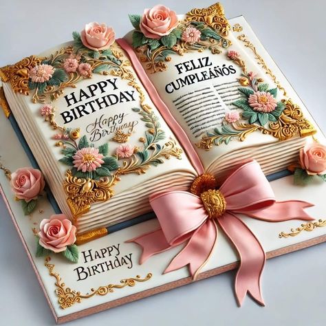 Library Cake, Happy Birthday Flower Cake, Dessert Display Wedding, Happy Birthday Wishes Pics, Birthday Wishes Pics, Happy Birthday Cake Pictures, Book Cakes, Birthday Wishes Greetings, Happy Birthday Wishes Cake