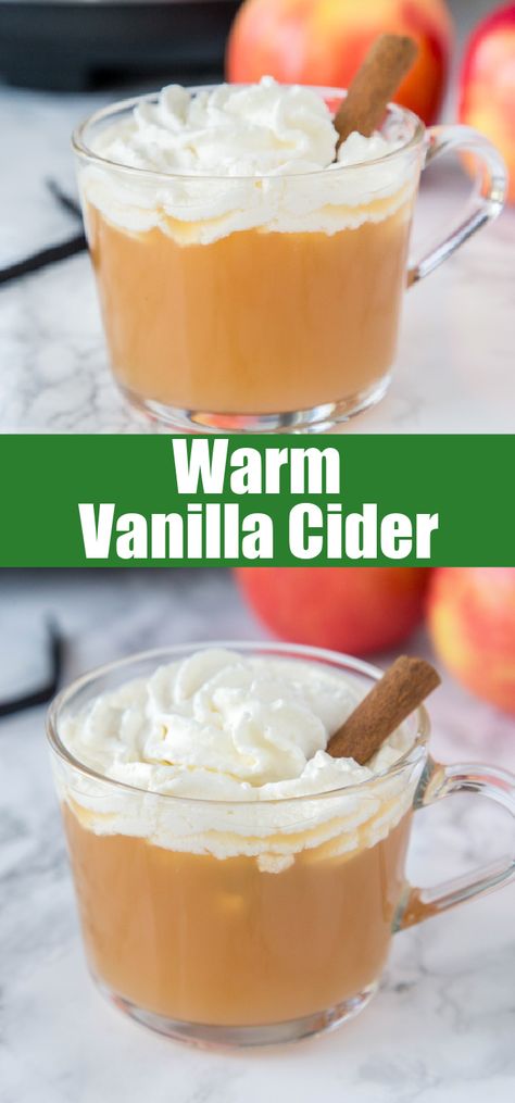 Warm Vanilla Cider - Warm up this fall with a glass of hot apple cider. Fresh vanilla bean is mixed in for a warm and delicious flavor. Topped off with homemade whipped cream for a special treat! Crockpot Drinks, Fall Eats, Fun Drink Recipe, Hot Cider, Hot Apple Cider, Easy Drinks, Homemade Whipped Cream, Frozen Treats, One Pot Meals