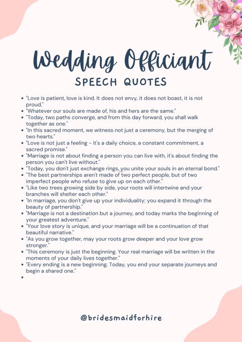 Wedding Officiant Speech Quotes | Bridesmaid For Hire Christian Wedding Officiant Script, Elopement Officiant Script, Officiant Wedding Script Simple, Officiant Speech Template, Wedding Ceremony Speech, Officiant Wedding Script Outline, Officiant Wedding Script, Best Man Speech Examples, Officiant Speech