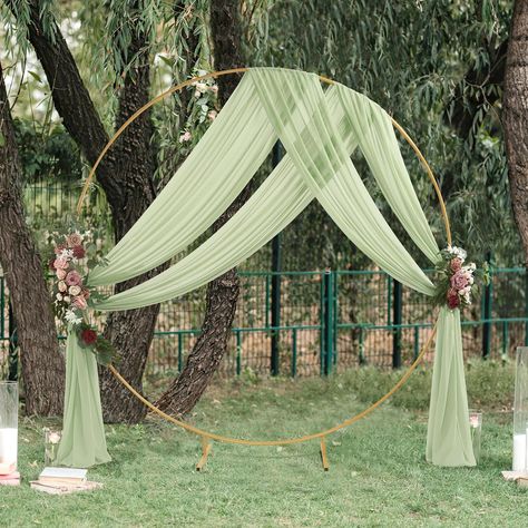 Backdrop Ring Decoration, Wedding Arch Sage Green, Round Arch With Drapes, Round Arch Wedding, Cloth Draping, Green Wedding Arch, Sage Green Backdrop, Ceremony Draping, Wedding Arch Ceremony