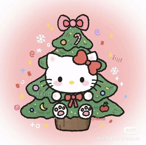 Hellokitty Christmas Drawing, Pink Christmas Tree Drawing, Hello Kitty Christmas Drawing, Cute Christmas Widgets, Christmas Cute Wallpaper, Sanrio Xmas, Merry Christmas Hello Kitty, Kirby Christmas, Hello Kitty Navidad