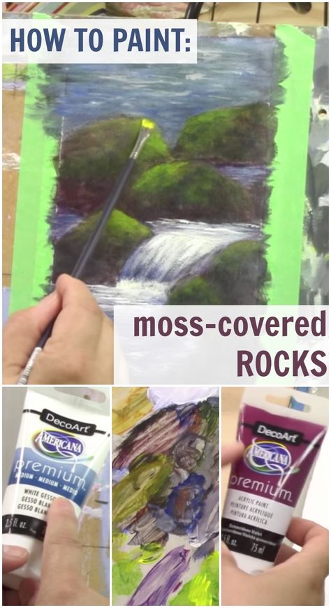 Learn to paint moss-covered rocks with DecoArt Helping Artist Gisele Grenier and Americana Premium Acrylics. Painting Moss Acrylic, How To Paint Moss Acrylic, Moss Painting Acrylic, Art Explained, Sunrise Paintings, Paint Videos, Tube Painting, Mossy Rocks, Oil Painting Tips