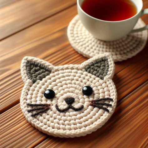 Animal Crochet Coasters Free Pattern, Crocheted Cat Coasters, Dog Coaster Crochet Pattern, Dog Coaster Crochet Free Pattern, Crochet Cat Butthole Coasters Free Pattern, Cat Butthole Coasters Free Crochet, Cat Coasters Crochet Free Pattern, Crochet Cat Coasters Free Pattern, Crochet Cat Coaster Pattern