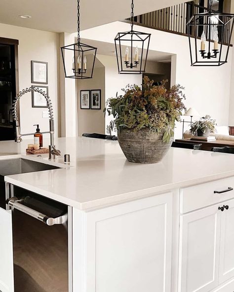 Terracotta Vase and Black Lantern Pendants - Soul & Lane Kitchen Island Centerpiece Ideas, Island Centerpiece Ideas, Stools Kitchen Island, Island Centerpiece, Kitchen Island Centerpiece, Black Stool, Stools Kitchen, Terracotta Vase, White Kitchen Island