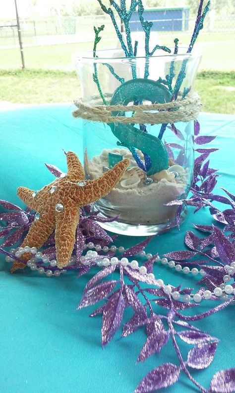 Seaside centerpieces at a mermaid birthday party! See more party planning ideas at http://CatchMyParty.com! Mermaid Birthday Party Ideas, Ariel Birthday Party, Sea Party Ideas, Ariel Birthday, Mermaid Theme Party, Sea Birthday Party, Mermaid Baby Showers, Mermaid Parties, Little Mermaid Birthday