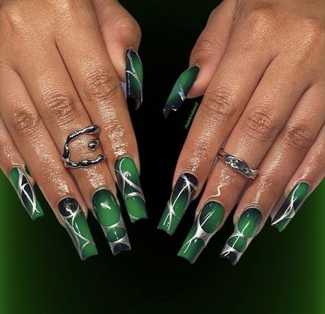 Black Silver Green Nails, Forest Aesthetic Nails, Green Black Nail Designs, Black And Green French Tip Nails, Dark Green Nails With Silver, Black And Green Nails Acrylic, Deep Green Nails Designs, Green Nails Y2k, Dark Green And Silver Nails