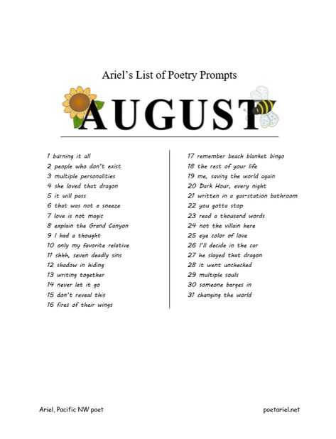 July Poetry Prompts, August Poetry Prompts, August Writing Prompts, August Poem, Song Prompts, August Poetry, Poem Prompts, Poem Writing Prompts, Songwriting Prompts