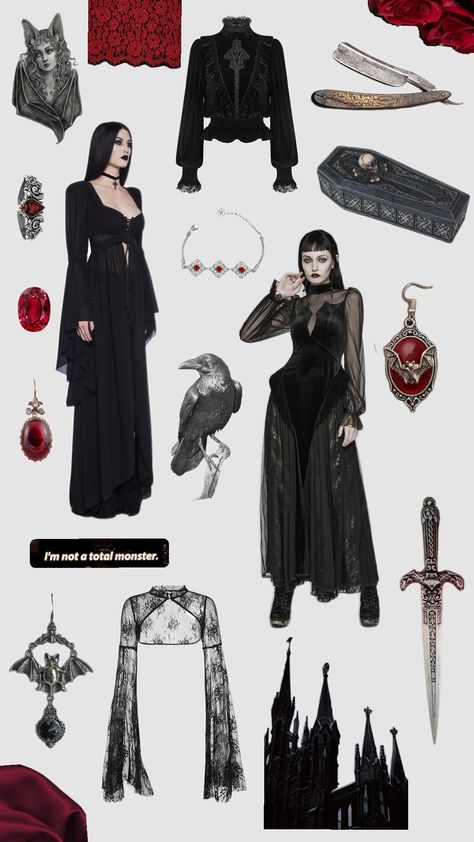 #red #goth #romanticgoth #gothaesthetic #gothfashion #vampireaesthetic #vampires #vampirecore #gothcore Sapphic Goth, Victorian Vampire Outfit, Vampire Core Outfits, Modern Vampire Outfit, Vampire Aesthetic Outfit, Vampire Outfits, Vampire Character, Character Themes, Modern Vampires