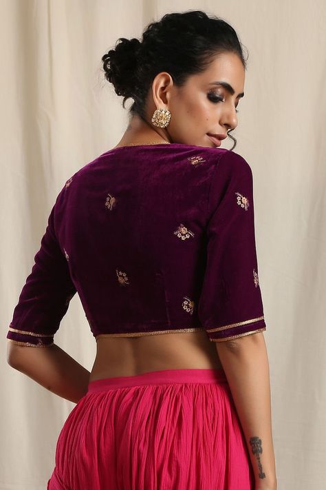 Buy Designer Maroon Premium Velvet V Neck Blouse With Hand Online in India - Etsy Golden Lace, Velvet Cloth, Crop Tops Online, Woman Wine, Blouse Style, Velvet Blouses, Fancy Sarees, Traditional Sarees, Blouse Online