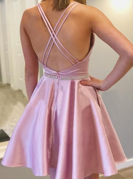 A-line Pink Satin Backless Sleeveless Homecoming Dress With Pocket, HD0132 Pink Prom Dresses Short, Yellow Homecoming Dresses, Short Graduation Dresses, Mini Homecoming Dresses, Formal Ball Gown, Prom Dresses Yellow, Prom Dresses With Pockets, Pink Homecoming Dress, Satin Short