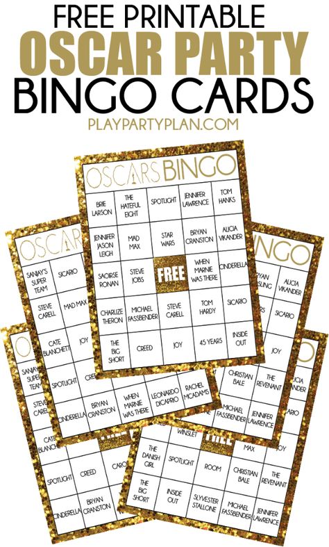 These free printable bingo cards are made specifically for this year's Oscars! Free printable Oscars bingo filled in with all of this year's nominees or there's even a blank version. Such a fun party game and other fun Oscars party ideas too! Oscar’s Party Ideas, Oscar’s Party, Oscar Themed Party Ideas, Hollywood Party Ideas, Oscar Themed Party, Oscar Party Games, Oscar Party Ideas, Oscar Theme, Oscars Theme Party