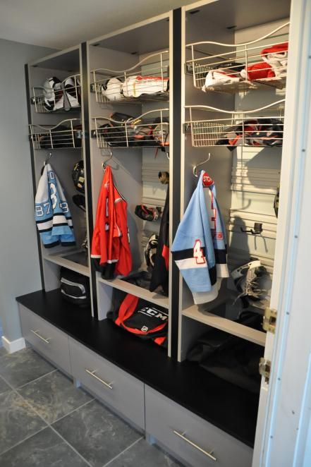 Nice large drawers. After: Makeshift Mudroom Mudroom Hockey Storage, Hockey Gear Storage, Hockey Equipment Storage, Mudroom Garage, Sports Equipment Storage, Hockey Bedroom, Sports Locker, Love It Or List It, Gear Room