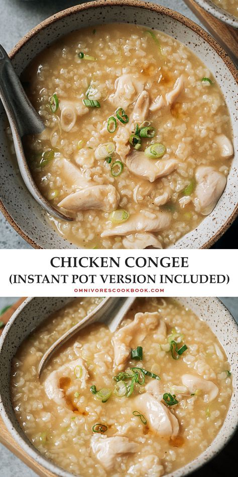 This chicken congee is silky smooth, richly flavored, and deeply comforting. It’s perfect for recovering your energy, but tasty and easy enough for any occasion. My recipe uses common ingredients to create authentic Chinese flavor, and you can even make it in your Instant Pot. {Gluten-Free Adaptable} Chicken Jook Instant Pot, Instant Pot Chicken Congee, Chinese Postpartum Soup, Chicken Congee Instant Pot, New Instant Pot Recipes, Congee Recipe Postpartum, Instant Pot Duck Recipes, Asian Chicken And Rice Soup, Congee Postpartum