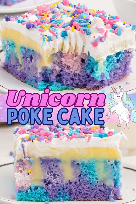 Fun Poke Cakes, Unicorn Poke Cake, Rainbow Cake Sprinkles, Easy Unicorn Birthday Party Ideas, Funfetti Poke Cake Recipes, Unicorn Sheet Cake, Unicorn Birthday Cake Ideas, Rainbow Unicorn Birthday Cake, Unicorn Fluff