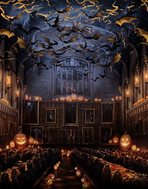 Harry Potter: “A thousand live bats fluttered from the walls and ceiling while a thousand more swooped over the tables in low black clouds, making the candles in the pumpkins stutter.” #Halloween #Hogwarts #Great Hall #Pottermore Fanart Harry Potter, Harry Potter Illustrations, Harry Potter Halloween, Harry Potter Artwork, Hogwarts Aesthetic, Potter Art, Harry Potter Wallpaper, Harry Potter Aesthetic, Theme Halloween