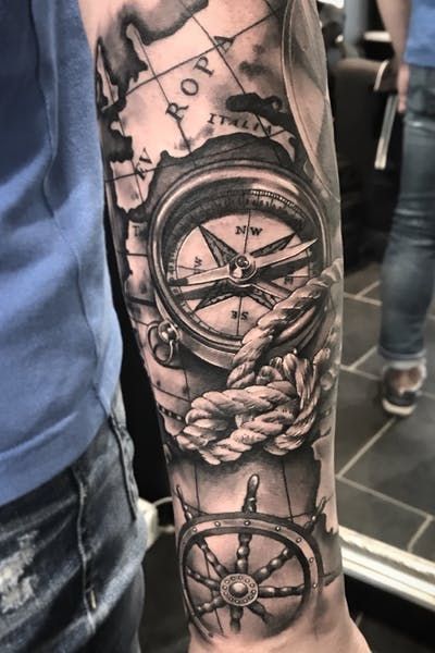 🌍World Map 🗺 #compass #worldmap #tattoo #bngtattoo #knot #steeringwheel #blackandgreytattoo #fineline #blackandgrey Tattoos Arm Mann, Ship Tattoo Sleeves, Nautical Compass Tattoo, Compass And Map Tattoo, Rope Tattoo, Tatuaje Trash Polka, Compass Tattoo Men, Nautical Tattoo Sleeve, Navy Tattoos