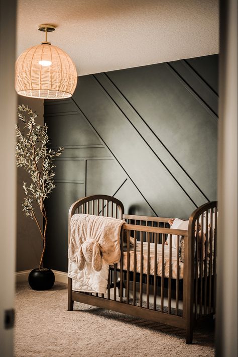 Dark Wood Nursery, Hygge Nursery, Dark Nursery, Brown Crib, Nursery Accent Wall, Black Nursery, Wood Nursery, Baby Room Themes, Nursery Room Design