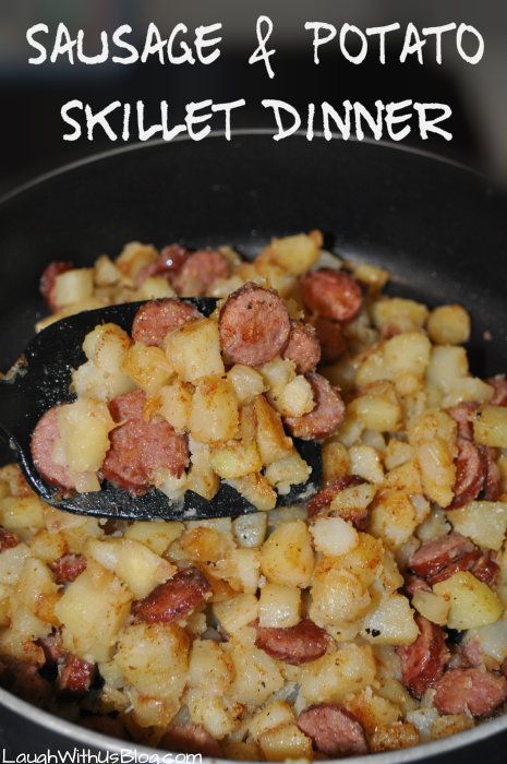 Sausage and Potato Skillet Dinner, my mom Made this same exact dish or us growing up. She called it "poor man's dinner" when sausage wasn't available she used to slice hot dogs. My kids love it too, we just wrap in tortillas w/ cheese. Potato Skillet Dinner, Sausage And Potatoes Skillet, Potato Skillet, Sausage Dishes, Sausage Potatoes, Skillet Dinners, Meat Dinners, Second Breakfast, Summer Eating